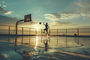 Poster - Two people playing basketball on a wet outdoor court