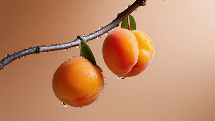 Aufkleber - Two Ripe Apricots on a Gnarled Branch Against a Warm Beige Background