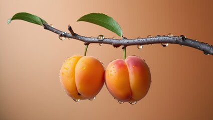 Aufkleber - Two Ripe Apricots Hanging From a Gnarled Branch Against a Warm Beige Background