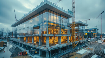 Poster - Modern building under construction, concrete and steel structure with large windows, cranes in the background, long panels of the exterior wall are visible, many pipes on ground near walls.