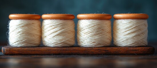 Canvas Print - Four spools of white thread on a wooden surface