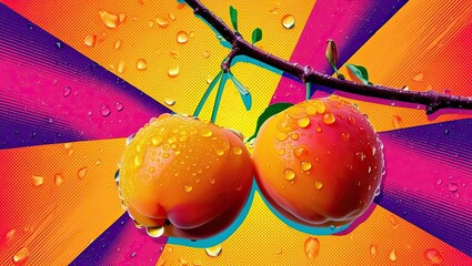 Aufkleber - Two Ripe Apricots With Natural Blemishes Hanging From a Gnarled Branch Against Warm Beige Background