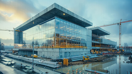 Poster - Modern building under construction, concrete and steel structure with large windows, cranes in the background, long panels of the exterior wall are visible, many pipes on ground near walls.