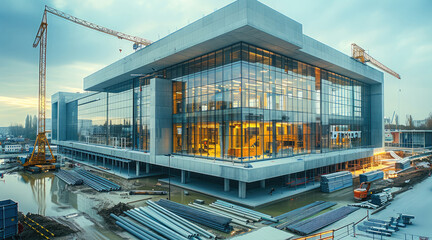 Poster - Modern building under construction, concrete and steel structure with large windows, cranes in the background, long panels of the exterior wall are visible, many pipes on ground near walls.