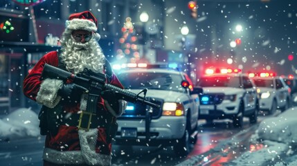 Poster - A police officer dressed as Santa stands in front of a police car