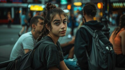 Poster - A woman with a messy ponytail sits on a bench, looking relaxed
