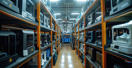 Poster - A large room full of 3d printers, neatly organized on several racks. Generative AI.