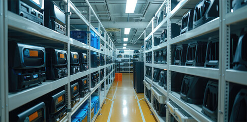 Poster - A large room full of 3d printers, neatly organized on several racks. Generative AI.