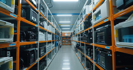 Poster - A large room full of 3d printers, neatly organized on several racks. Generative AI.