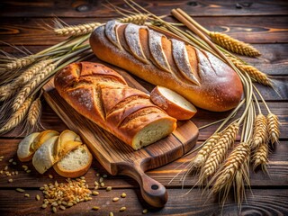 Freshly baked bread and baguette, sliced and arranged on a rustic wooden board, surrounded by golden ears of wheat, evoking a sense of harvest abundance.