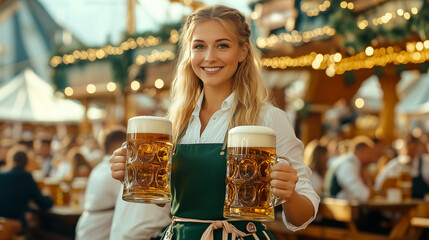 an attractive and friendly waitress serves beer at the Oktoberfest in a traditional Bavarian dirndl dress