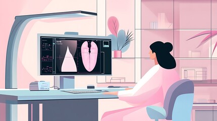 Vector illustration: Patient undergoing mammogram screening in modern clinic, flat design, detailed