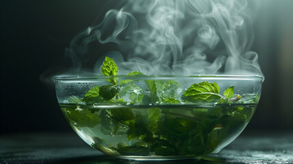 Wall Mural - Steaming herbal infusion being prepared with fresh mint leaves and hot water