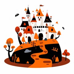 1. Creepy castle on a hill Halloween vector cartoonish sticker design clipart white background