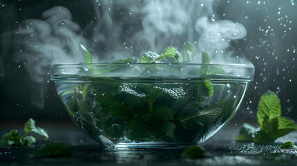 Wall Mural - Steaming herbal infusion being prepared with fresh mint leaves and hot water