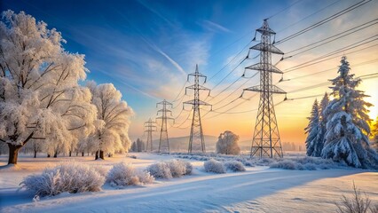 Frozen electric wires and pylons stand tall amidst a winter wonderland, their frosty exteriors glistening in the soft light of a serene snow-covered landscape.