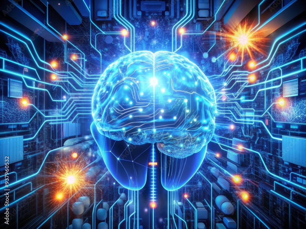 Futuristic robotic brain with glowing blue circuits and wires ...