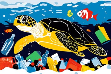 Sea turtle swimming in polluted ocean, surrounded by plastic, minimalist style, cartoon art, close-up.