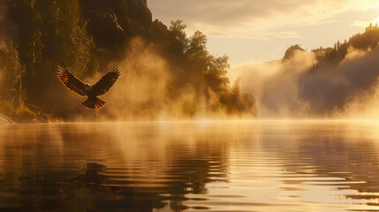 Wall Mural - A grand eagle flying low over a misty lake at dawn, with the ethereal mist rising gently from the water, its powerful wings cutting through the fog, creating ripples on the serene surface