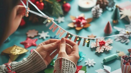 Wall Mural - Close-up of hands decorating a festive banner with 'Happy Holidays'. 