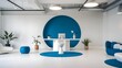 © PhotoMaster - Modern Office Interiors: Bright Minimalist Workspaces With Sleek Furniture, Vibrant Blue Accents, And Elegant Executive Design, White And Blue Color On Open Space Room Office Interior Design.