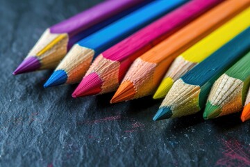 Poster - Group of colorful pencils arranged on a flat surface, great for creative projects and art activities