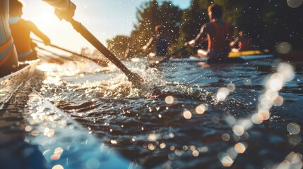 Poster - A person is rowing a small boat on a calm body of water, perfect for outdoor recreation or travel stock photo