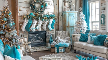 Wall Mural - A cozy living room decorated for the holidays with teal accents, stockings, and festive decor.