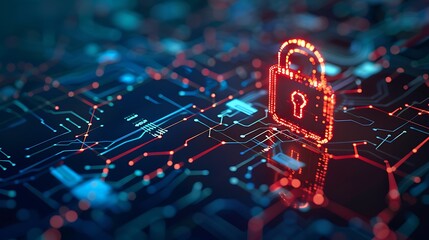 Poster - Glowing red padlock symbol sits on a digital circuit board, symbolizing cybersecurity and data protection in the digital world.