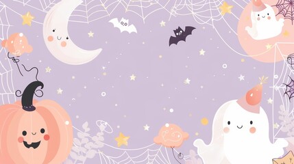 Cute Halloween wallpaper pattern with a ghost, a pumpkin and a moon in cartoon style. Abstract Halloween background with empty space for text. Party invitation template design. 