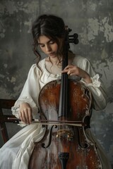 Wall Mural - A woman dressed in white plays the cello outdoors