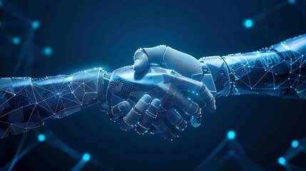 Poster - Two robotic arms shake hands, symbolizing collaboration and partnership in the digital age.  The image evokes a sense of  progress and the  potential for  technological advancements.
