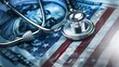 © improvee design - Stethoscope lies on American flag with dollar bills for symbolizing cost of healthcare medical expenses economic impact and health insurance system in the United States concept.