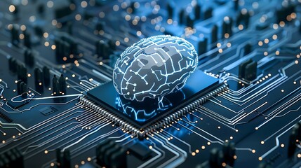 Fototapete - Digital brain on circuit board symbolizes artificial intelligence growing influence on technology innovation future development concept.