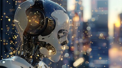 Poster - Close-up of a robot's head with a blurred cityscape in the background, showcasing advanced technology and the potential of artificial intelligence.