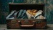 © Frank Gärtner - Vintage brown suitcase lies open, displaying a haphazard stack of clothing, waiting for a traveler to pack for their upcoming journey