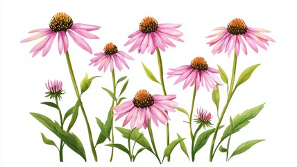 Echinacea flowers, isolated on white background, flat design illustration