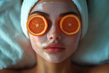 Beautiful woman with a fruit cream mask on the face and orange slices on her eyes. Natural cosmetics and skin care concept. Top view portrait for poster, commercial, presentation 