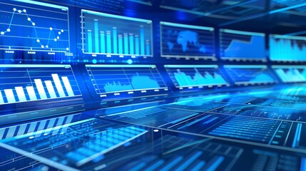 Poster - Close-up of a data visualization display showcasing various graphs and charts, representing  information and insights with a blue, futuristic aesthetic.