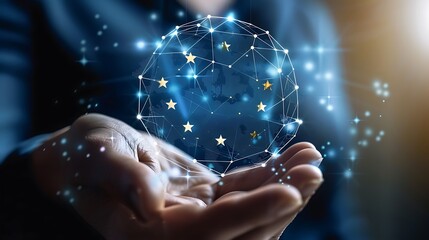 Fototapete - Businessman hand holding digital globe with stars representing connectivity innovation and futuristic technology for global network business concept.
