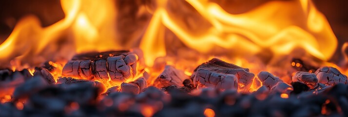 A vibrant image of glowing hot coals with bright, intense flames rising from them, creating a sense of heat and power.