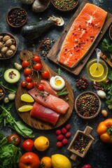 Fresh salmon, vegetables, and spices arranged on a kitchen table offering a balanced diet with vitamins and nutrients.