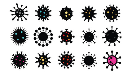 Set of 12 virus and cancer cell silhouettes in various styles.