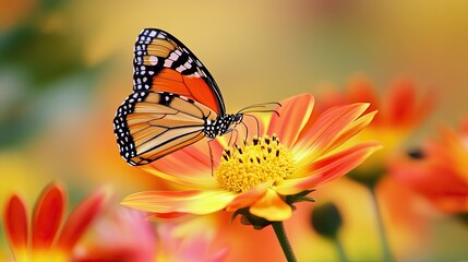 Wall Mural - A close-up of a butterfly landing on a vibrant yellow flower, symbolizing transformation in spring