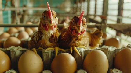 Poster - Chickens standing together near eggs, suitable for farm or backyard scenes