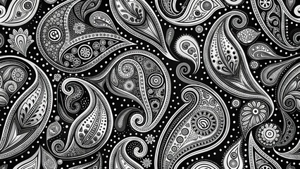 Intricate seamless paisley pattern in black and white, featuring ornate teardrop shapes and curved lines that repeat infinitely, perfect for backgrounds and textures.