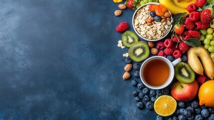 Healthy breakfast spread, including oatmeal topped with fresh fruits and nuts, with a cup of tea