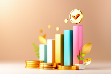 Poster - A vibrant bar graph showcasing growth in various pastel colors stands alongside stacked gold coins and decorative leaves, conveying a sense of financial success and progress