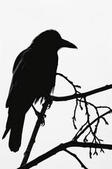 Poster - A black bird sits on the top of a tree branch, looking out at its surroundings