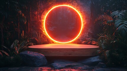 Wall Mural - A wooden platform with glowing ring in a jungle setting.